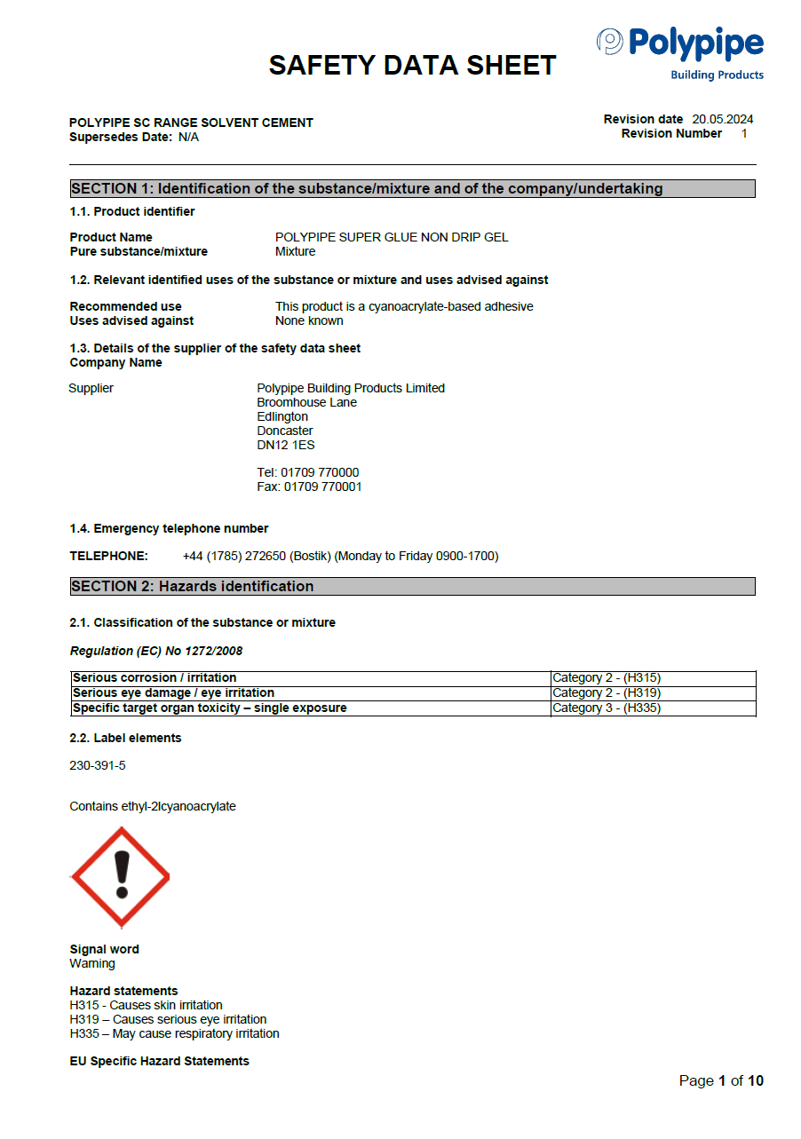 [MSDS] Super Glue Non Drip Gel Polypipe