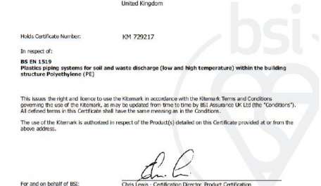 BS EN 1519 Soil and Waste Discharge Certificate